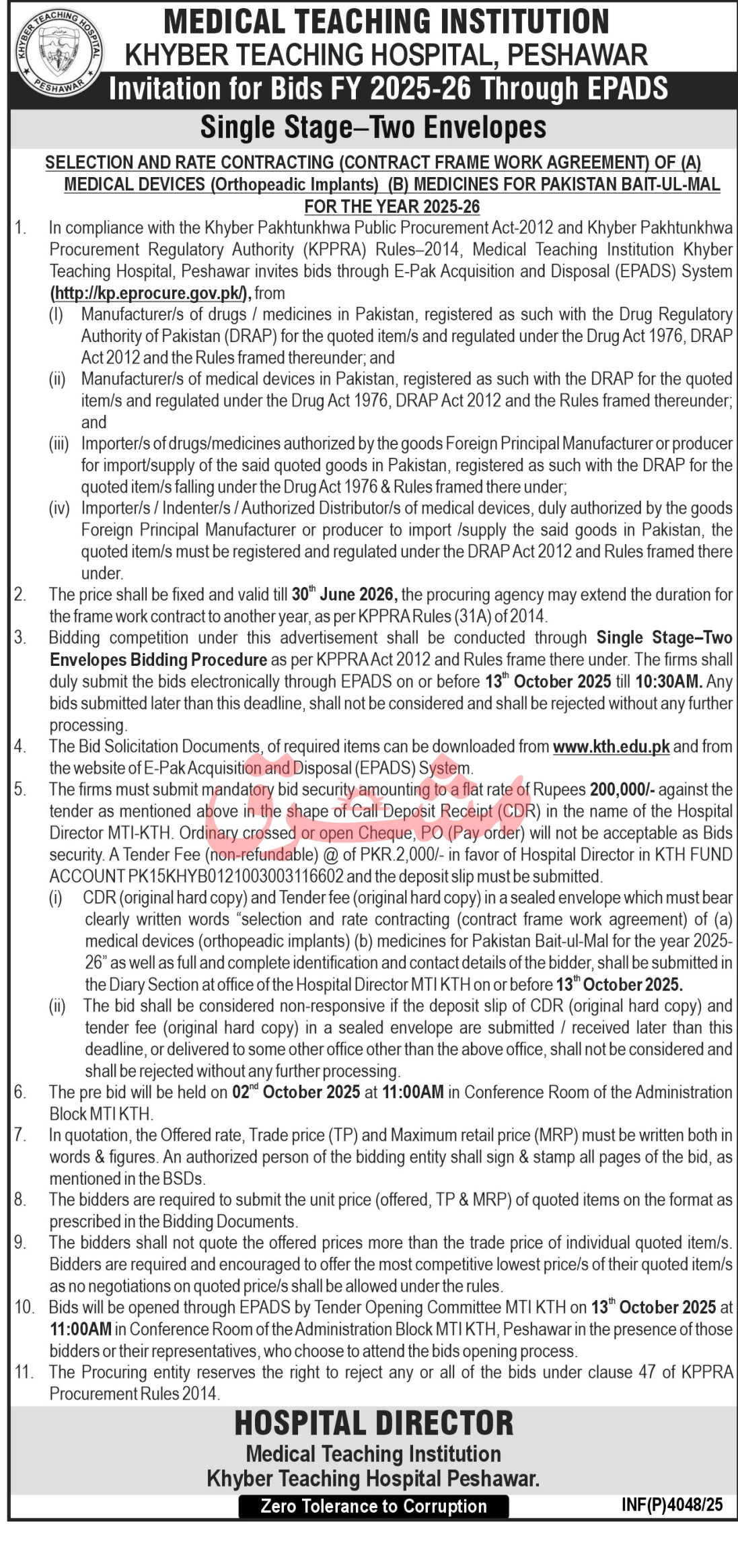 Khyber Teaching Hospital Peshawar Tender Notice